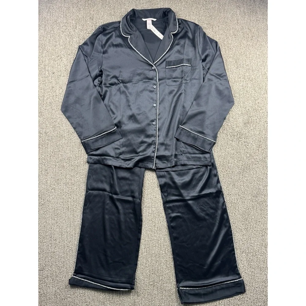 Victorias Secret Womens S Long Signature Satin Shine Pajama Set Pant Button